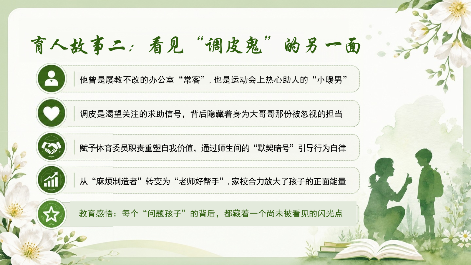 【0187】班主任育人故事-携一缕阳光，育百花盛开主题班会PPT 预览