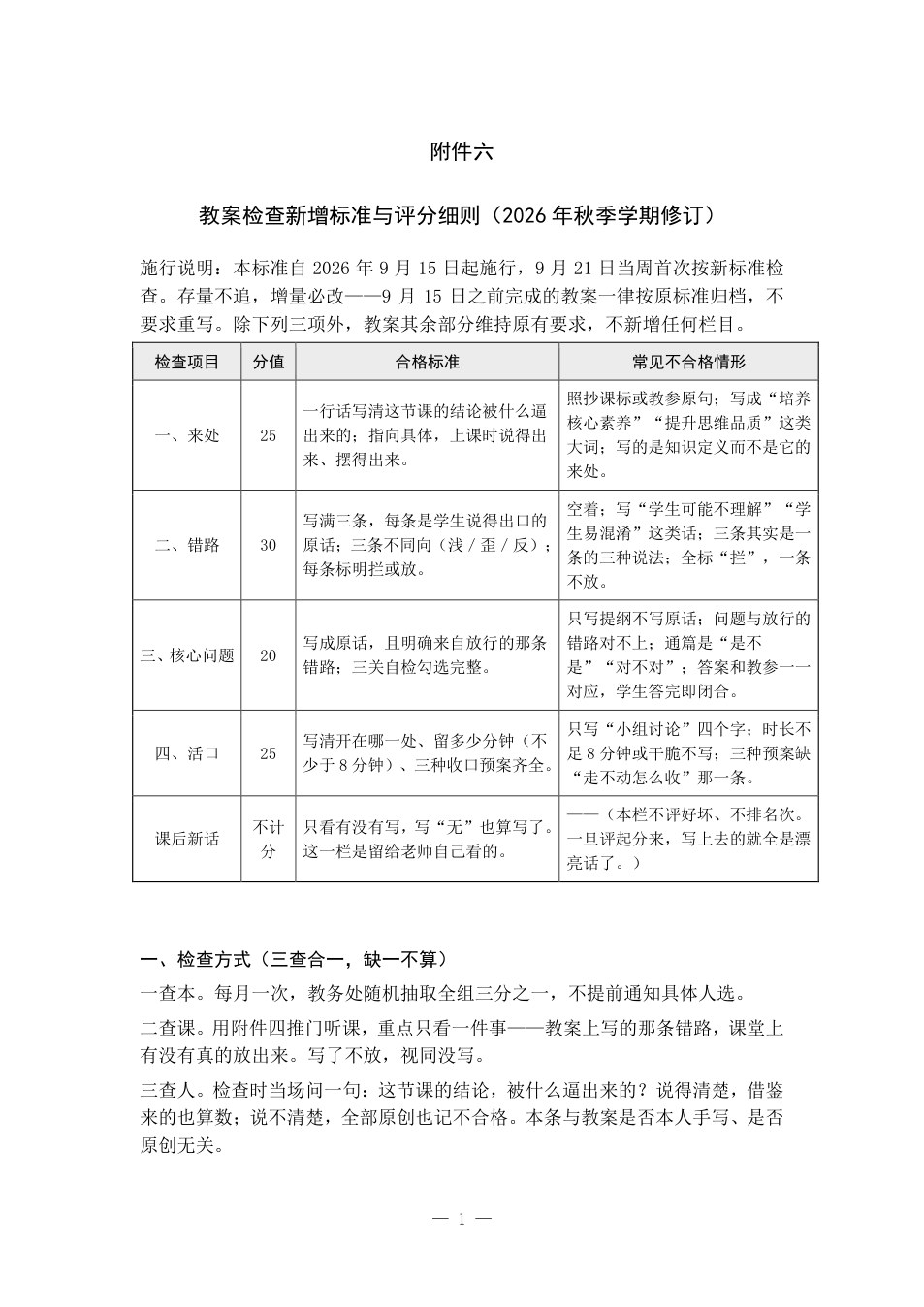 附件：教案检查新增标准与评分细则（2026年秋季学期修订） 预览